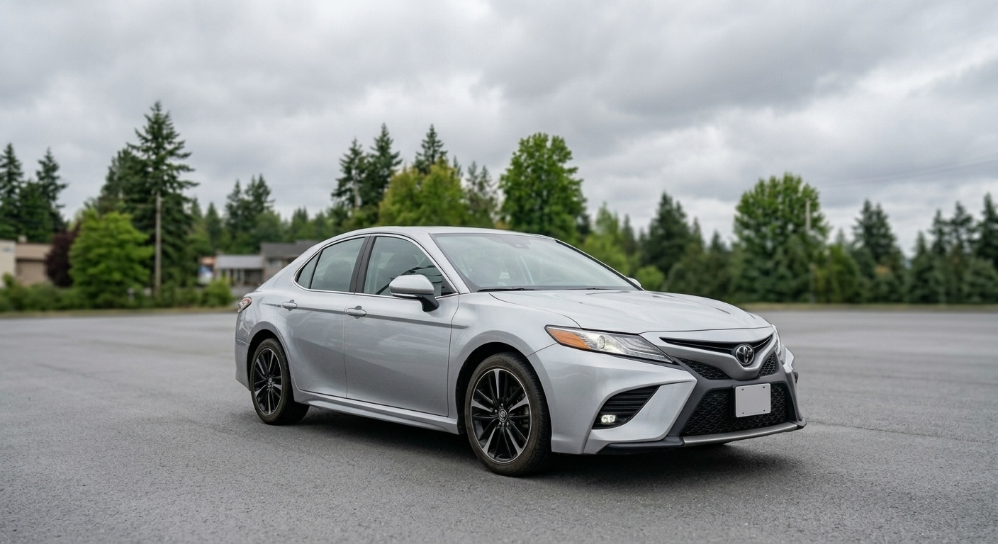 2018 Toyota Camry SE, silver, parked under an overcast Pacific Northwest sky