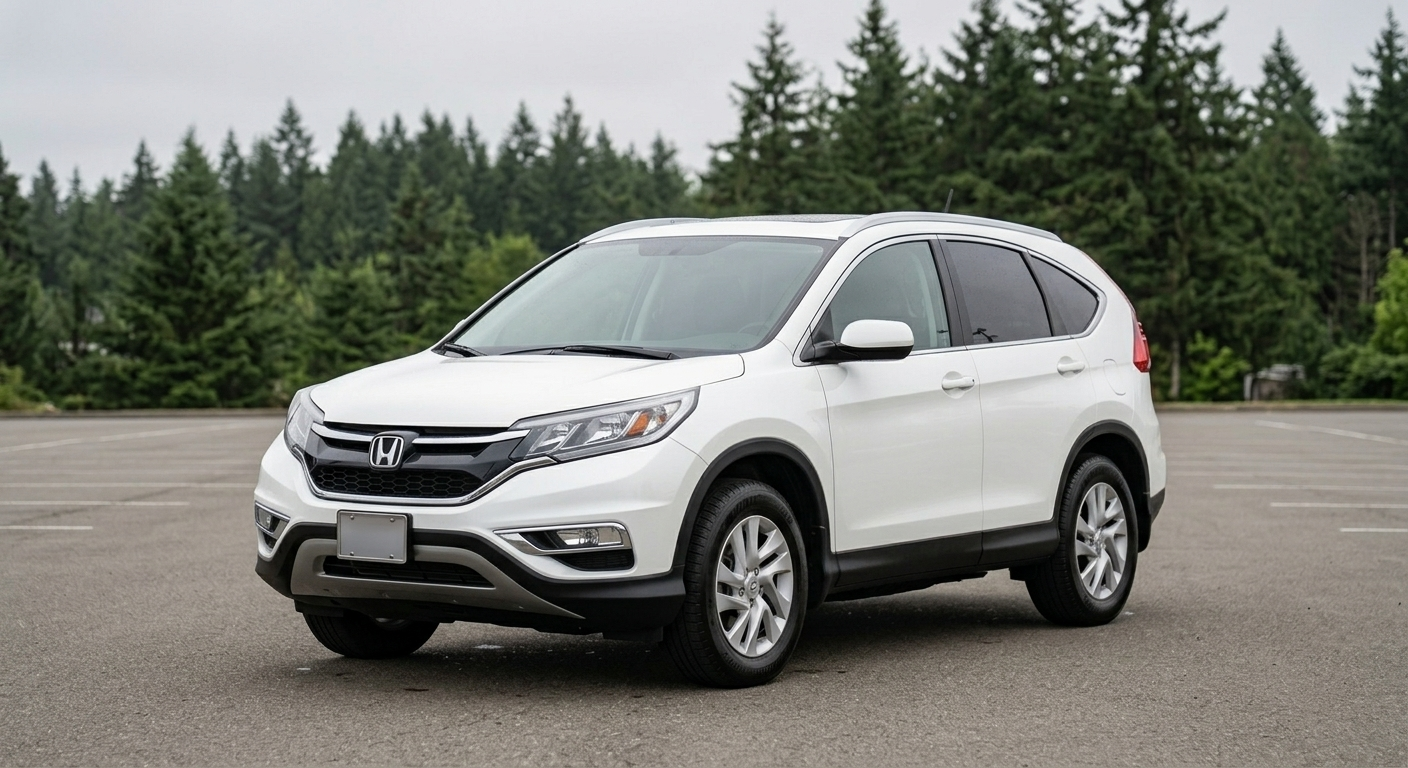 2016 Honda CR-V EX AWD, white, parked under an overcast Pacific Northwest sky