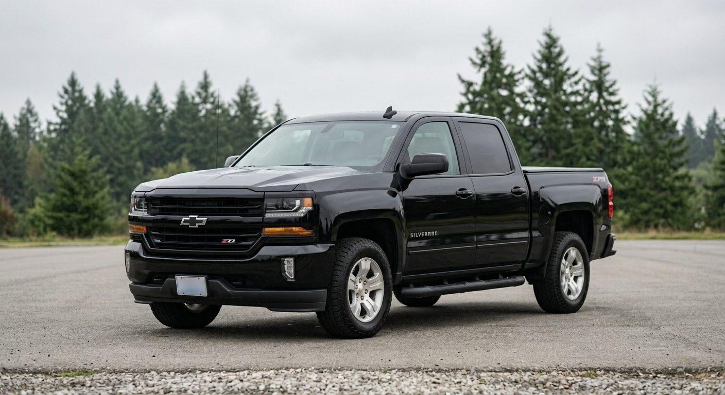 2017 Chevy Silverado 1500 LT, black crew cab, parked under an overcast Pacific Northwest sky