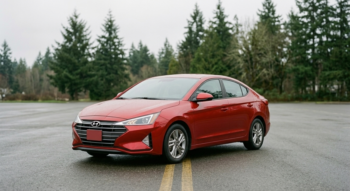 2020 Hyundai Elantra SEL, red, parked under an overcast Pacific Northwest sky
