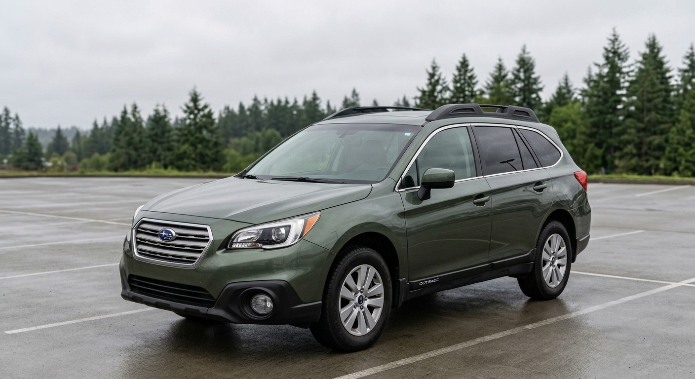 2015 Subaru Outback 2.5i Premium, green, parked under an overcast Pacific Northwest sky