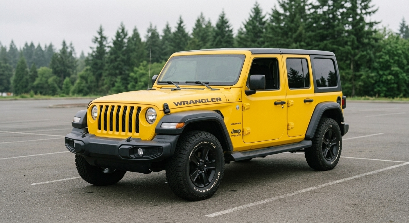 2018 Jeep Wrangler Unlimited Sport, yellow, parked under an overcast Pacific Northwest sky