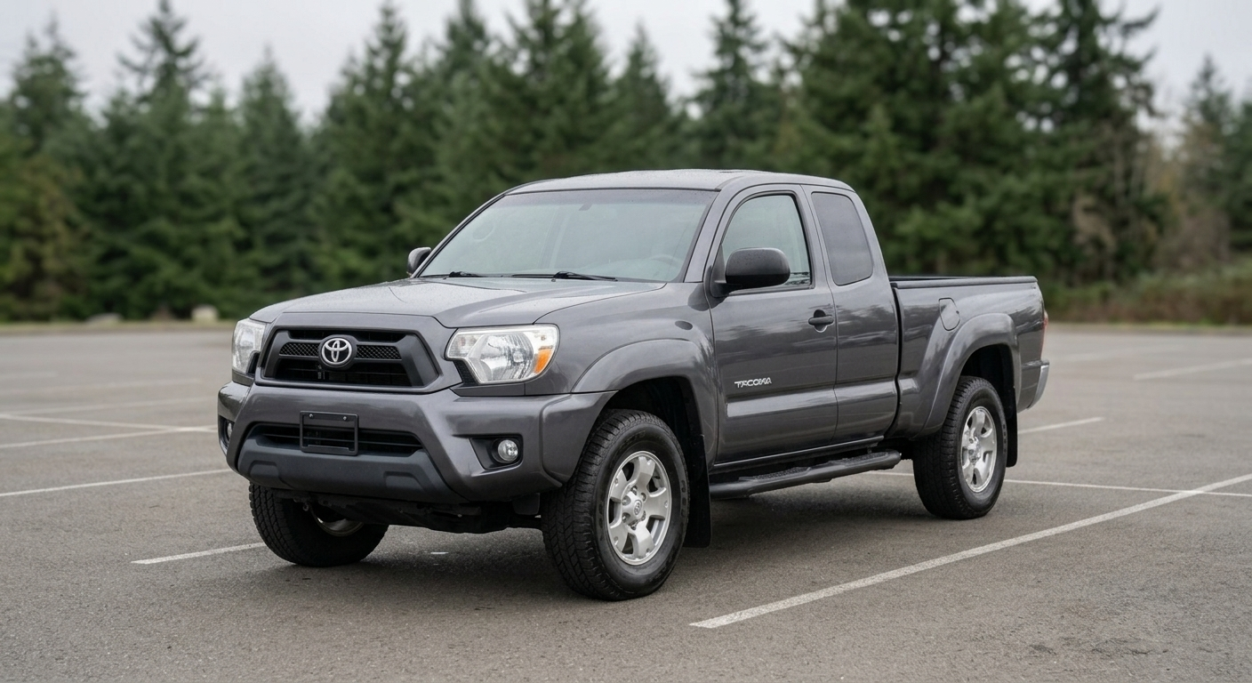 2014 Toyota Tacoma TRD Off-Road, gray, parked under an overcast Pacific Northwest sky