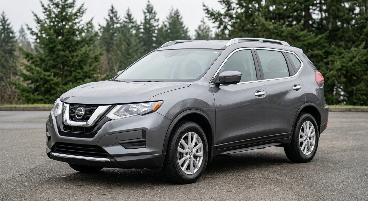2019 Nissan Rogue SV, gunmetal, parked under an overcast Pacific Northwest sky