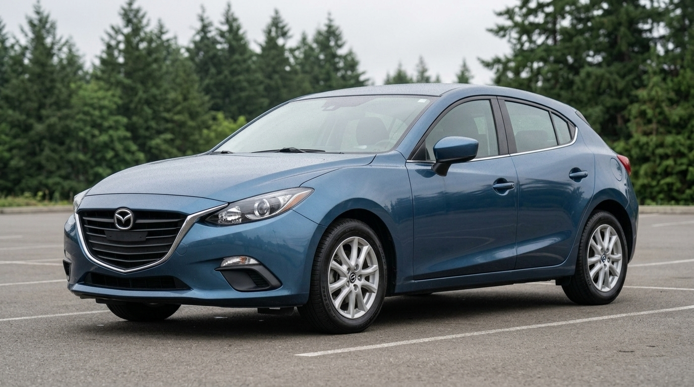 2016 Mazda3 i Touring hatchback, blue, parked under an overcast Pacific Northwest sky