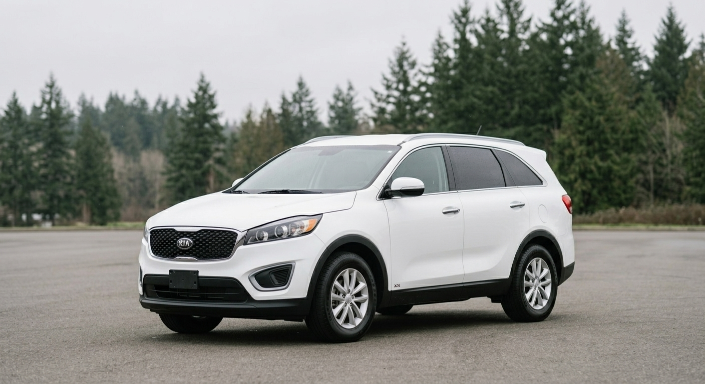 2017 Kia Sorento LX V6, white, parked under an overcast Pacific Northwest sky