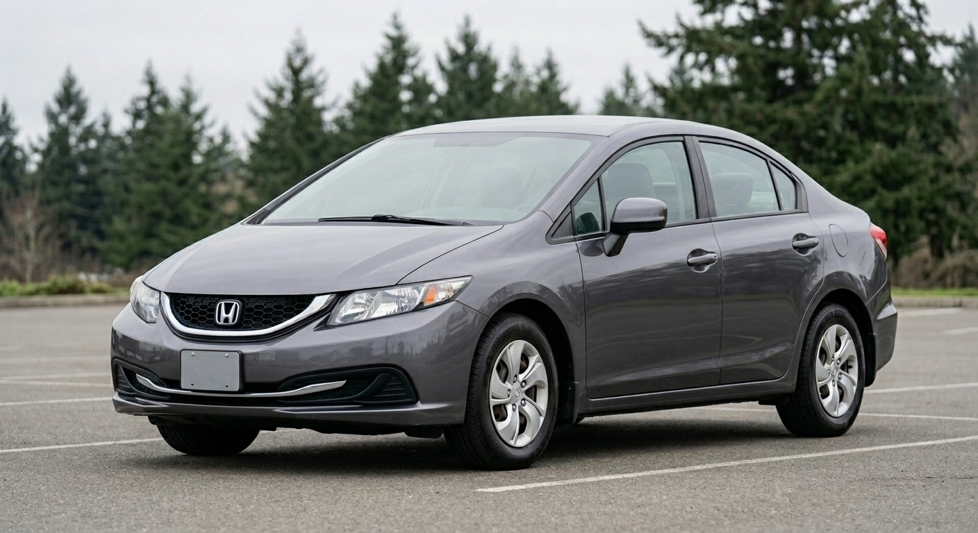 2013 Honda Civic LX, charcoal, parked under an overcast Pacific Northwest sky