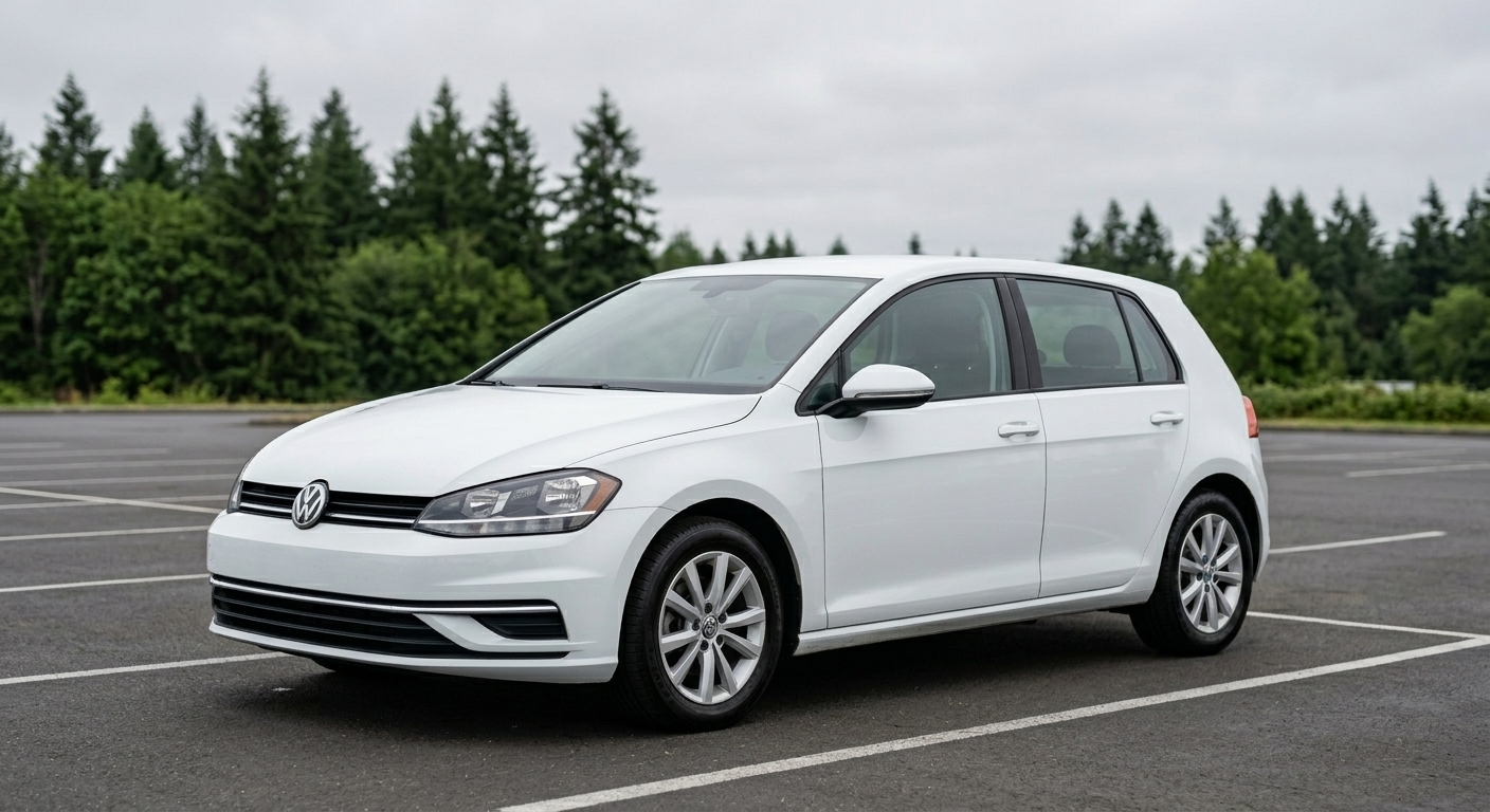 2018 VW Golf TSI, white, parked under an overcast Pacific Northwest sky