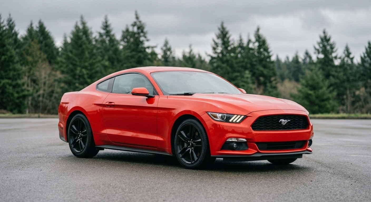 2015 Ford Mustang EcoBoost coupe, red, parked under an overcast Pacific Northwest sky