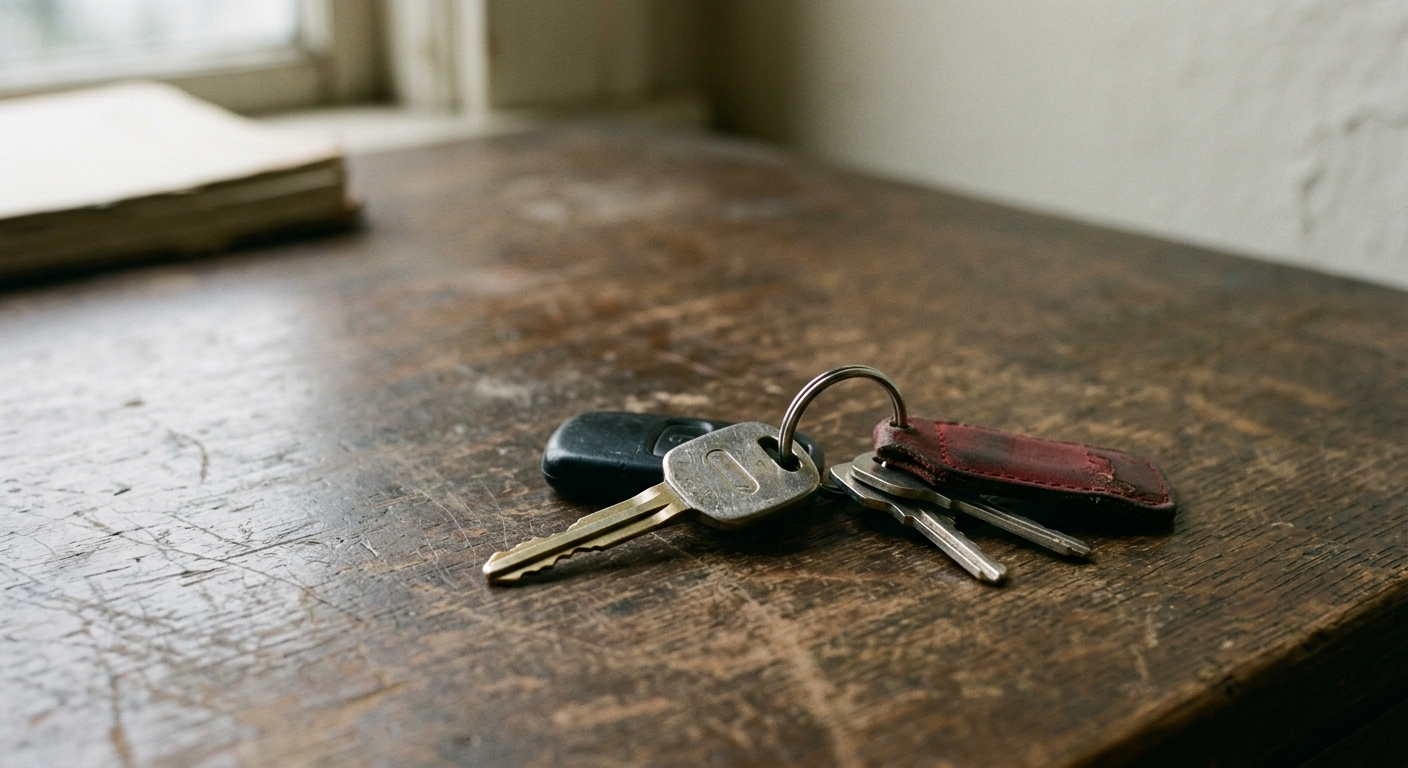 A single set of car keys resting on a worn wooden desk in soft overcast light