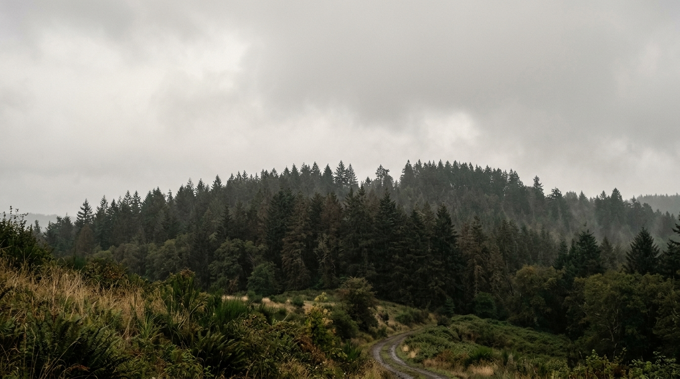 A flat, overcast Willamette Valley evergreen ridgeline under a gray Pacific Northwest sky